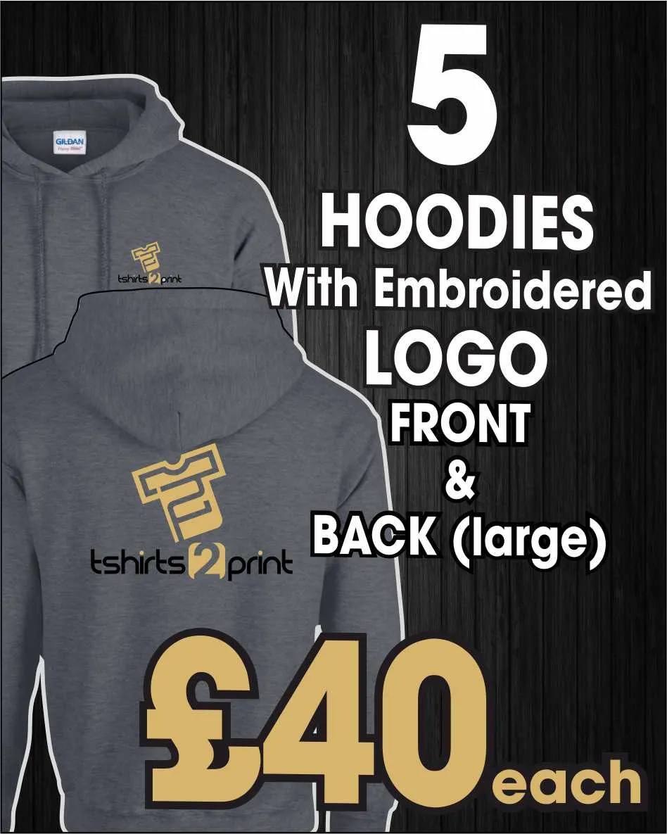 5 x Hoodies with Embroidered LOGO front breast & back (large)