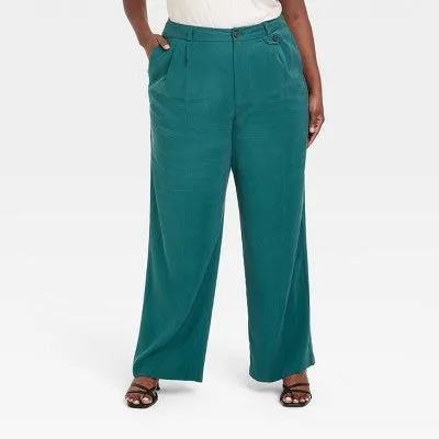 A New Day Women's Plus Relaxed High Rise Baggy Wide Leg Trousers Inside Pocket