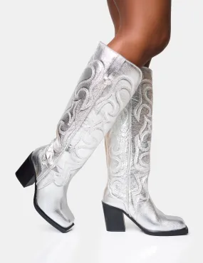 Austine Wide Fit Silver Western Block Heel Knee High Boots