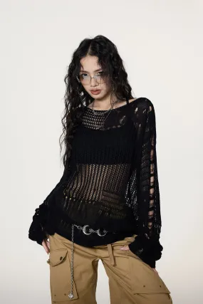 Distressed Open Knit Cropped Sweater