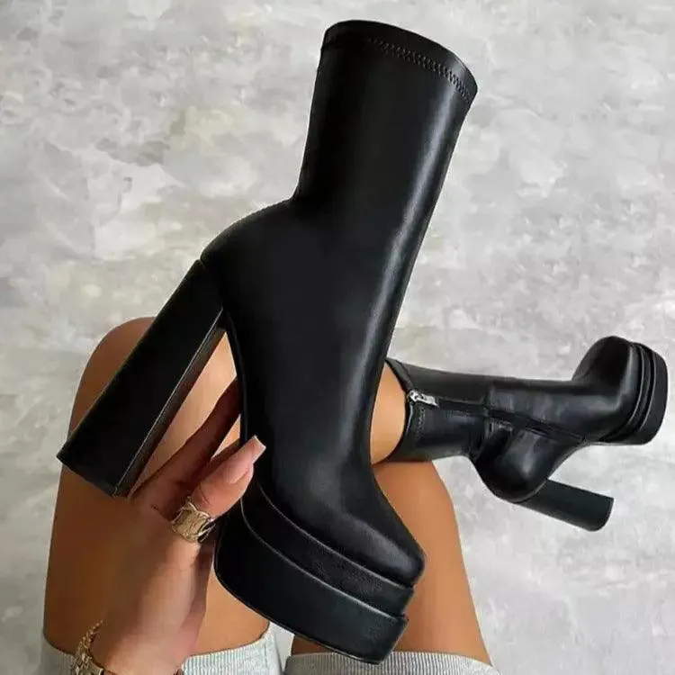 Fashion Heeled Boots With Thick Platform Mid Calf Boots