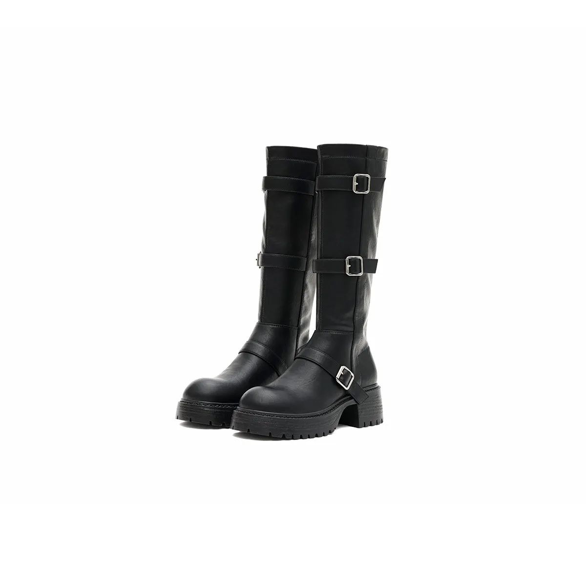 Mid-Calf Leather Boots with Buckles