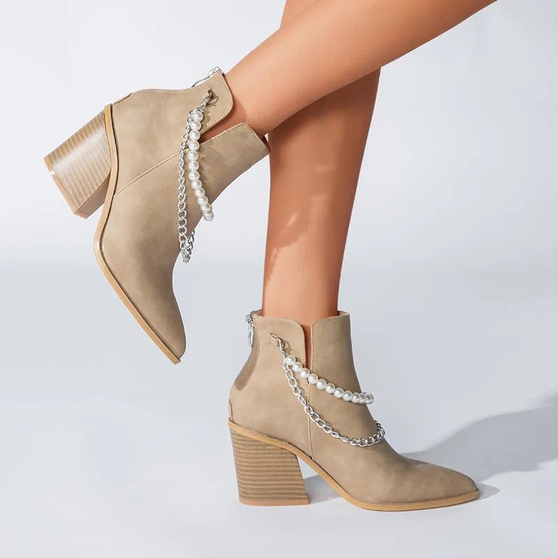 Pearls Chain Pointed Toe Wedge Heels Cowboy Boots