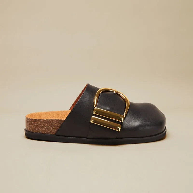 Retro Round Toe Mules with Metal Buckle