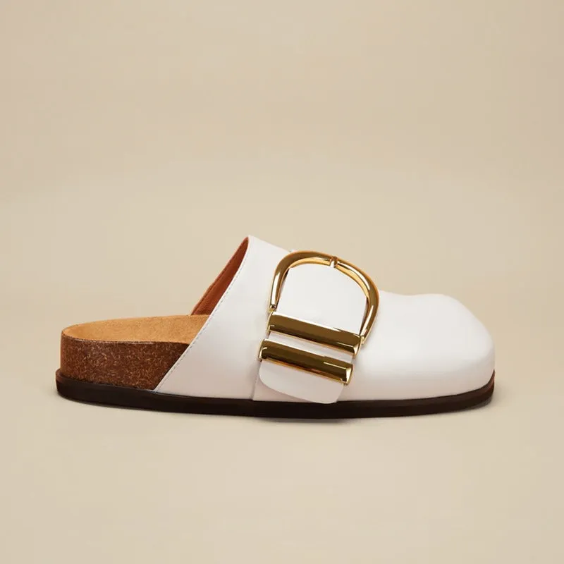 Retro Round Toe Mules with Metal Buckle