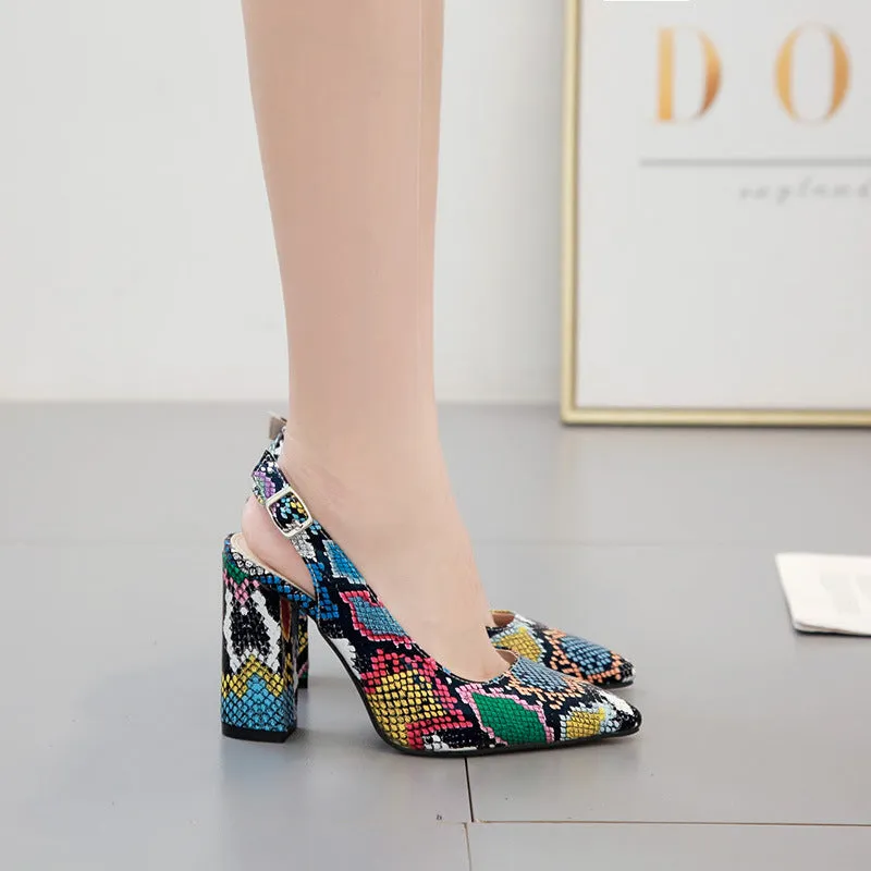 Snakeskin Print Pointed Toe Block Heel Shoes