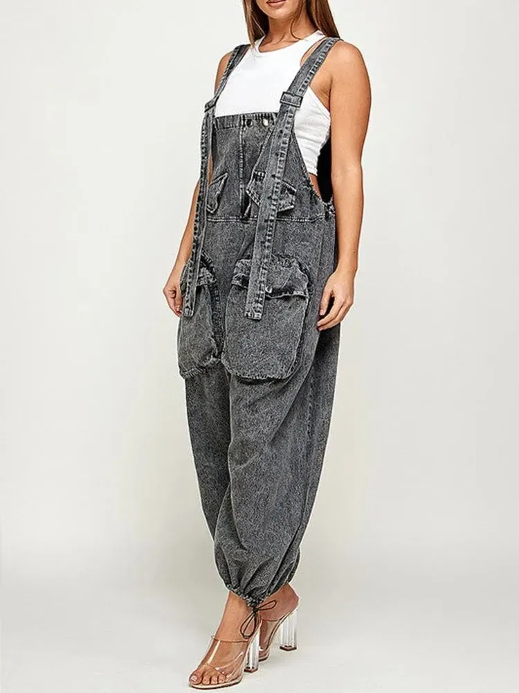 TEEK - Black Denim Big Pocket Overalls