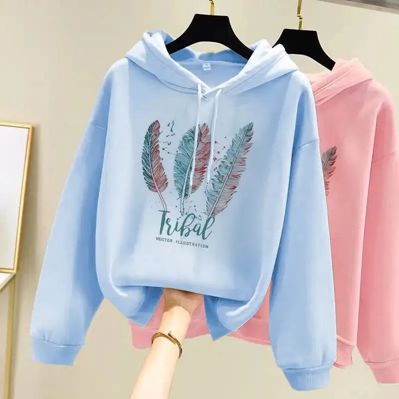 Women Fashion Feather Printed Hoodies Autumn Winter Plus Velvet Casual Loose Sweatshirt