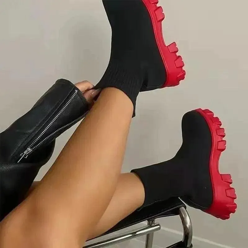 Women Sock Boots Platform Chunky Heels Shoes