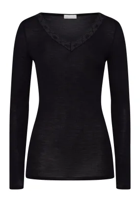 Woolen Lace Fine Ribbed Wool And Silk Top | Black 70974-019