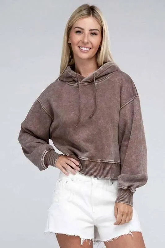 Zenana Acid Washed Cropped Hoodie