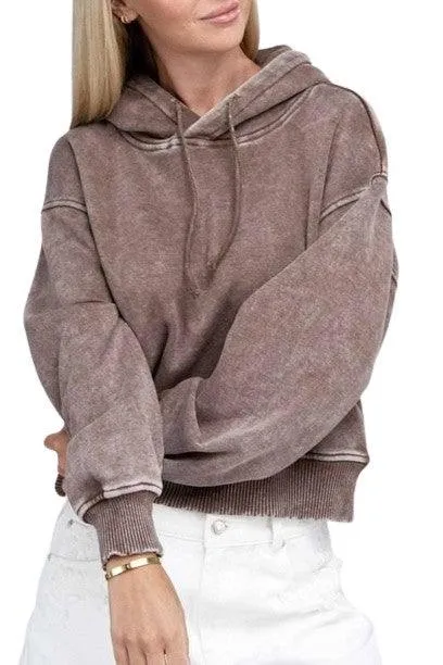 Zenana Acid Washed Cropped Hoodie